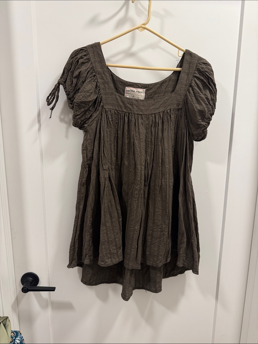 Free People Olive Peasant Tunic with Puff Sleeves